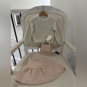 2T Tweed Pale Pink, Ivory, & Gold Knit Outfit With Skirt, Purse Rachel Zoe NWT
